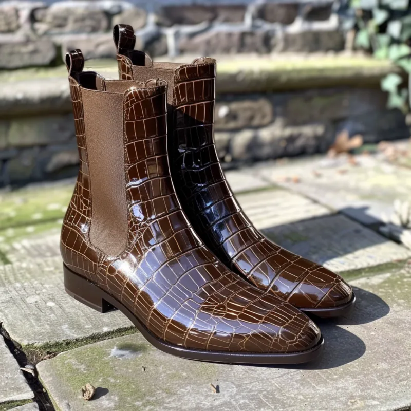 Brown Croc Print Leather Primo ride Slip On Chelsea Boots sold by Costoso Italiano