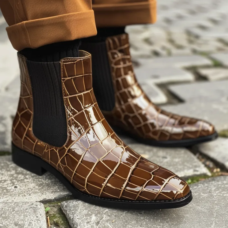 Brown Croc Print Leather Paride Slip On Chelsea Boots sold by Costoso Italiano