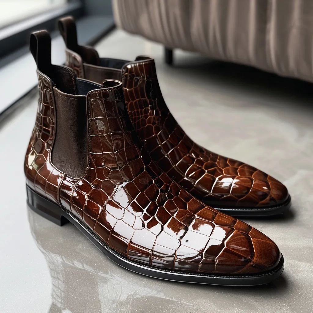 Brown Croc Print Leather Palmiro Slip On Chelsea Boots sold by Costoso Italiano