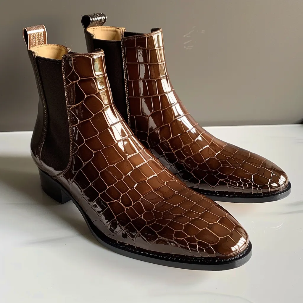 Brown Croc Print Leather Orlando Slip On Chelsea Boots sold by Costoso Italiano