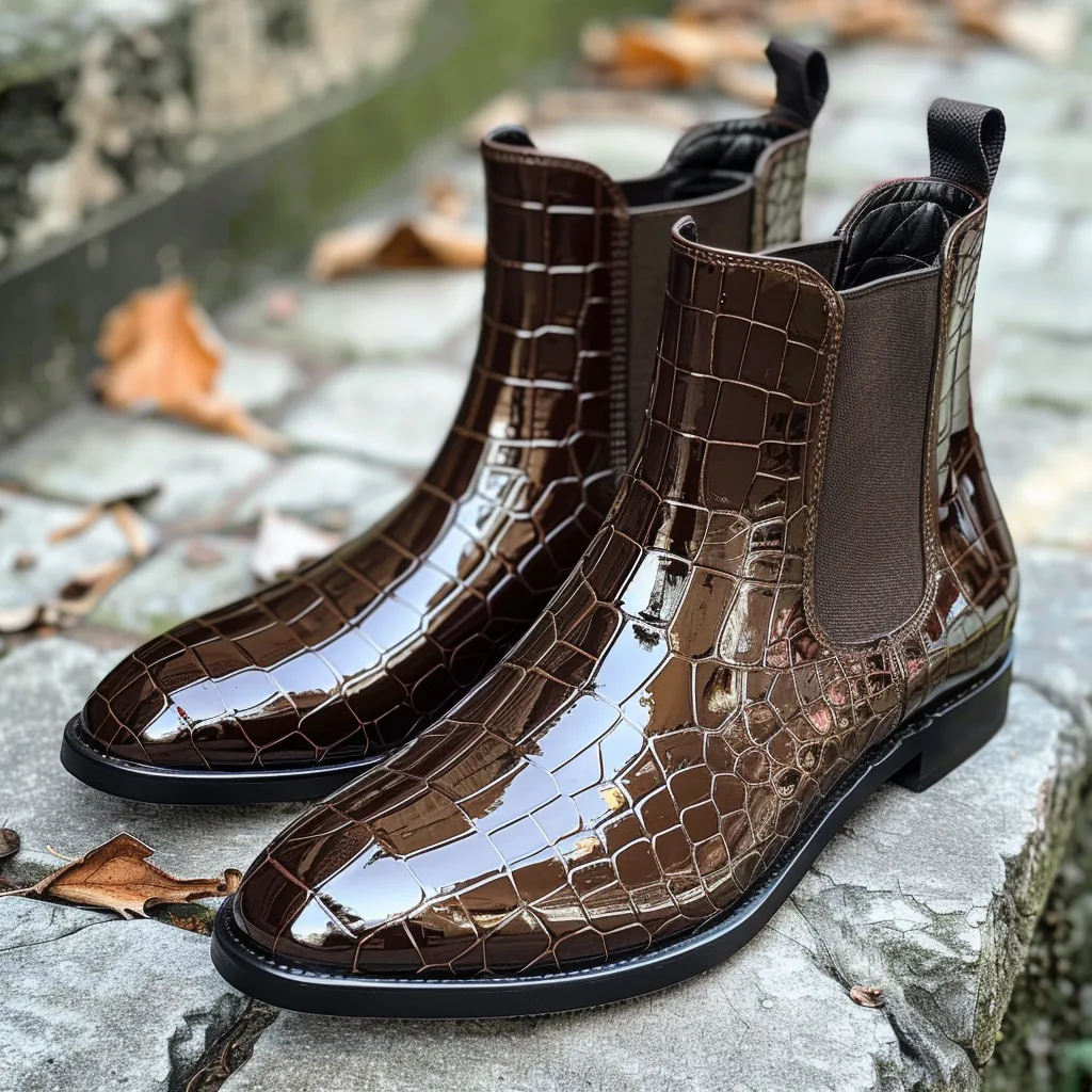 Brown Croc Print Leather Oliviero Slip On Chelsea Boots sold by Costoso Italiano