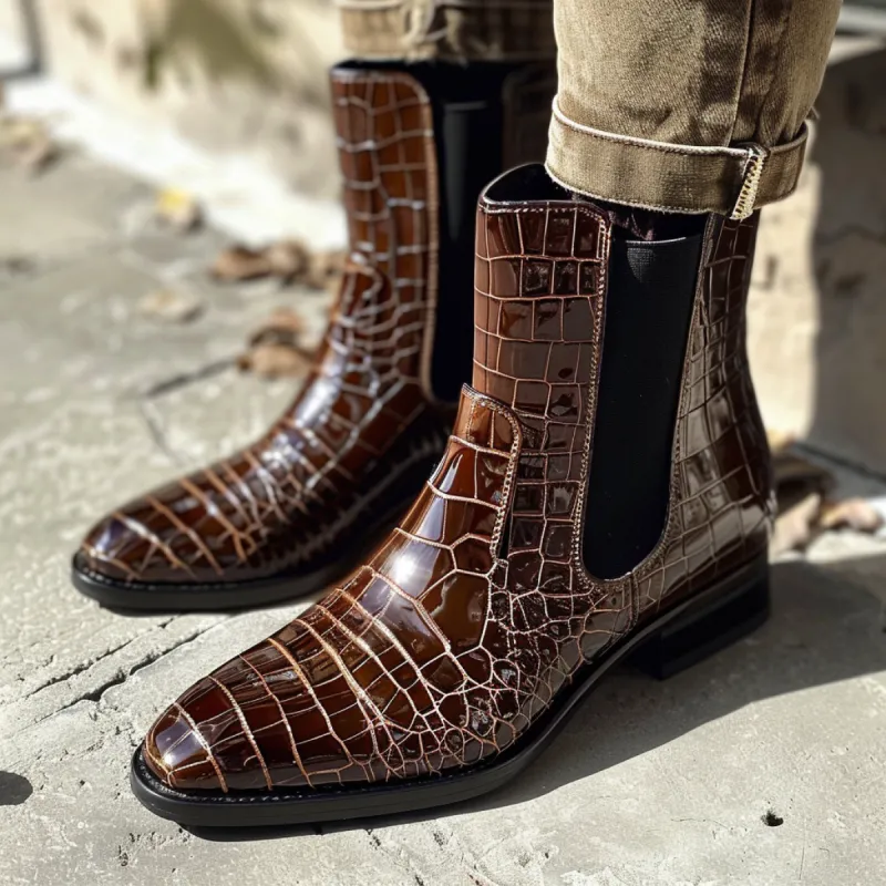 Brown Croc Print Leather Oddone Slip On Chelsea Boots sold by Costoso Italiano