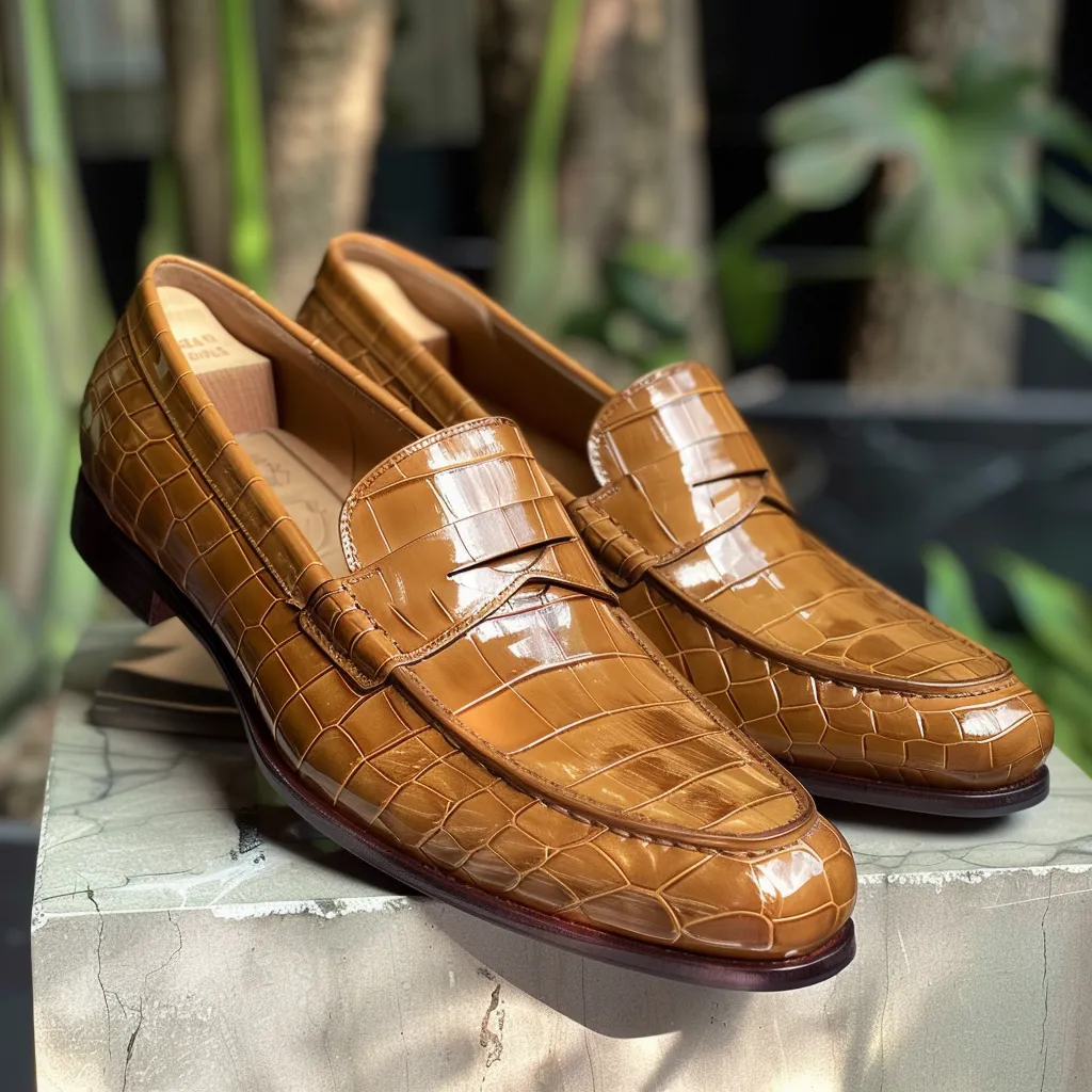 Tan Croc Print Leather Enoch Loafers sold by Costoso Italiano