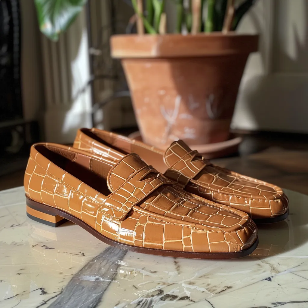 Tan Croc Print Leather Enea Loafers sold by Costoso Italiano