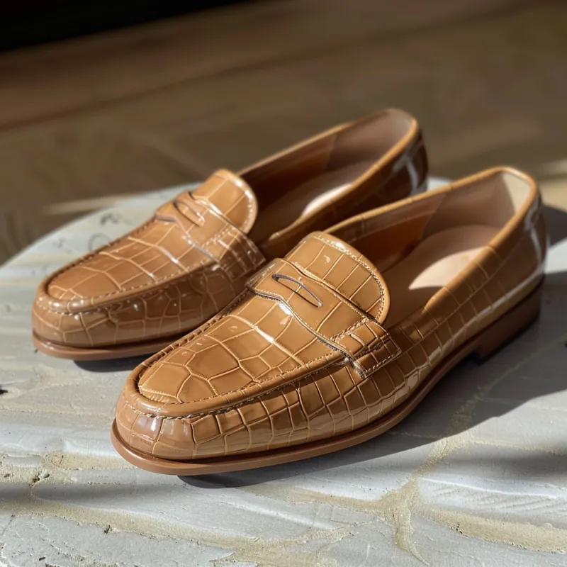 Tan Croc Print Leather Egidio Loafers sold by Costoso Italiano