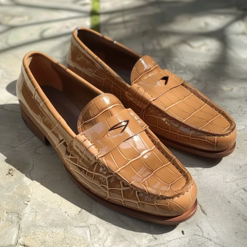 Tan Croc Print Leather Edilio Loafers sold by Costoso Italiano