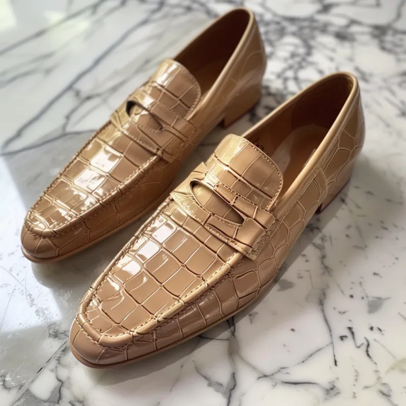 Tan Croc Print Leather Demetrio Loafers sold by Costoso Italiano