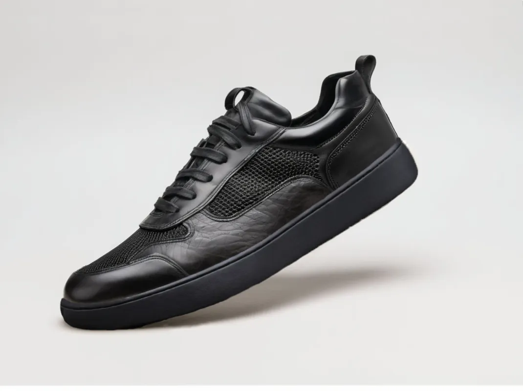 Black Leather Newsara Lace Up Running Sneaker Shoes With Black Sole - Summer 2024 Collection sold by Costoso Italiano