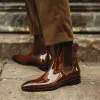 Brown Patent Leather Baldovino Slip On Pointed Chelsea Boots sold by Costoso Italiano