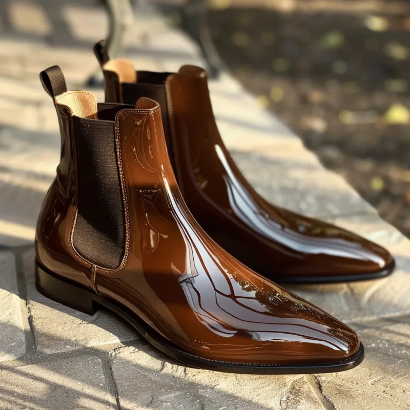 Brown Patent Leather Baldassare Slip On Pointed Chelsea Boots sold by Costoso Italiano