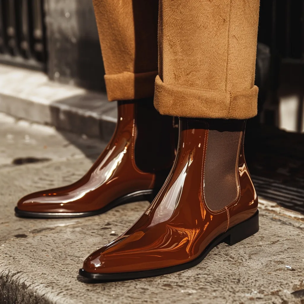 Brown Patent Leather Azzurro Slip On Pointed Chelsea Boots sold by Costoso Italiano