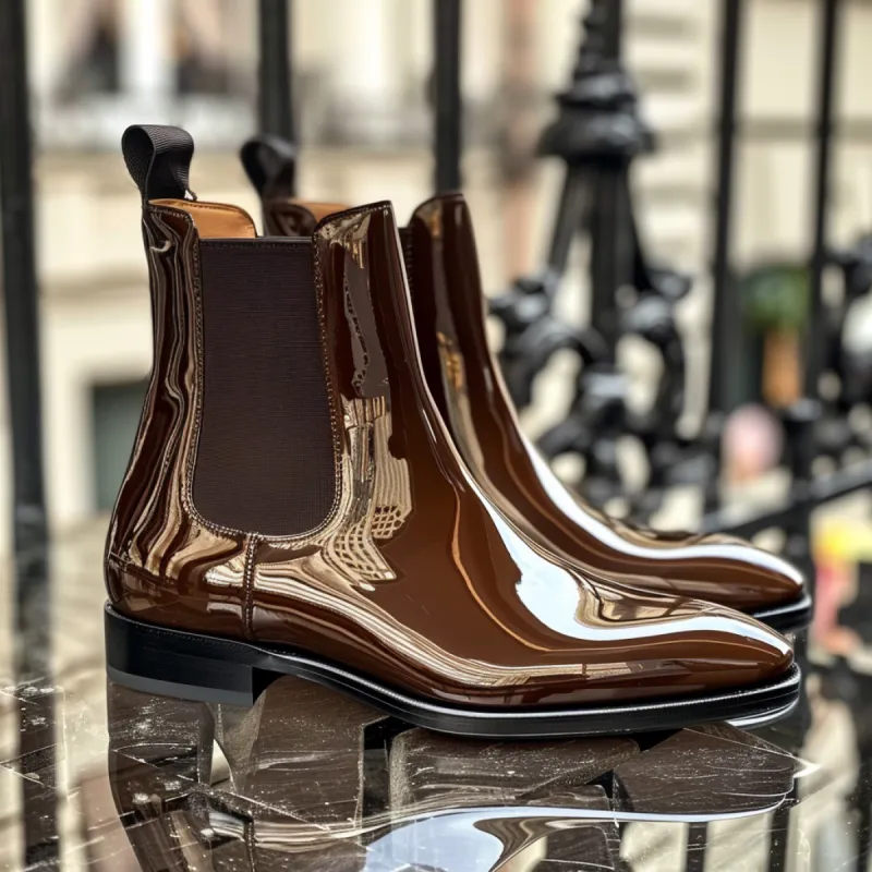Brown Patent Leather Ausonio Slip On Pointed Chelsea Boots sold by Costoso Italiano