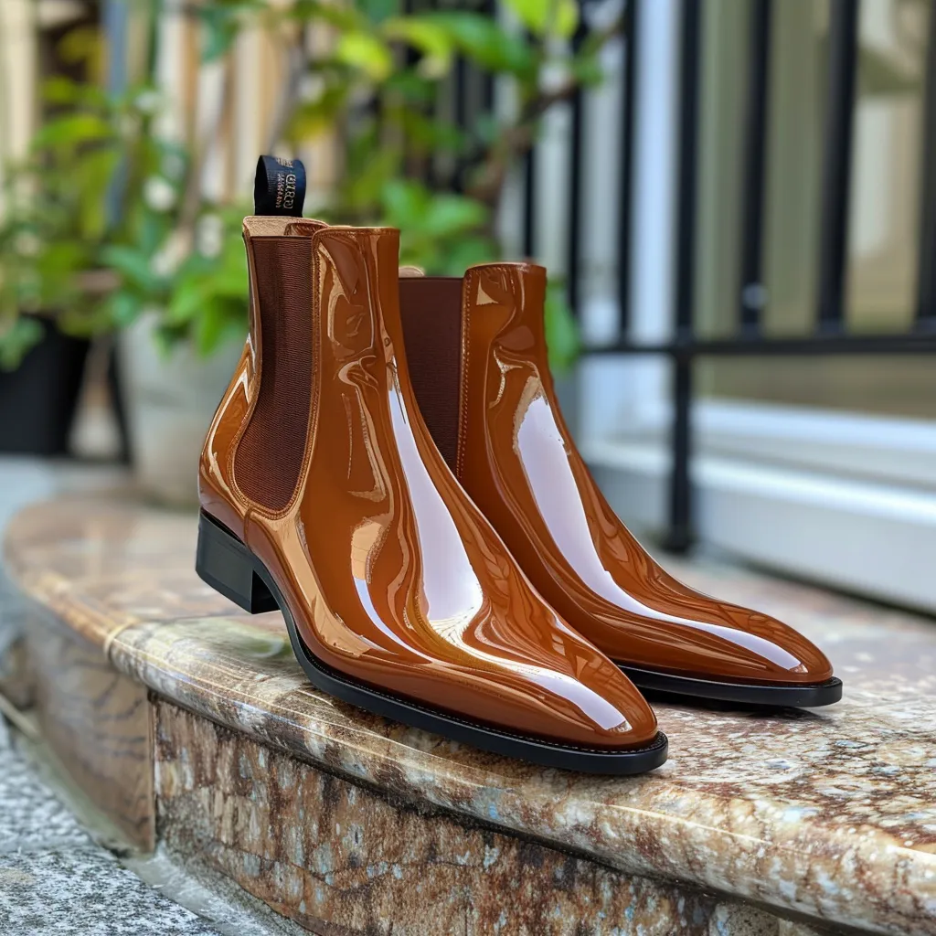 Brown Patent Leather Aronne Slip On Pointed Chelsea Boots sold by Costoso Italiano