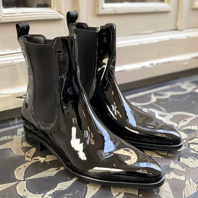 Black Patent Leather Anastasio Slip On Pointed Chelsea Boots sold by Costoso Italiano