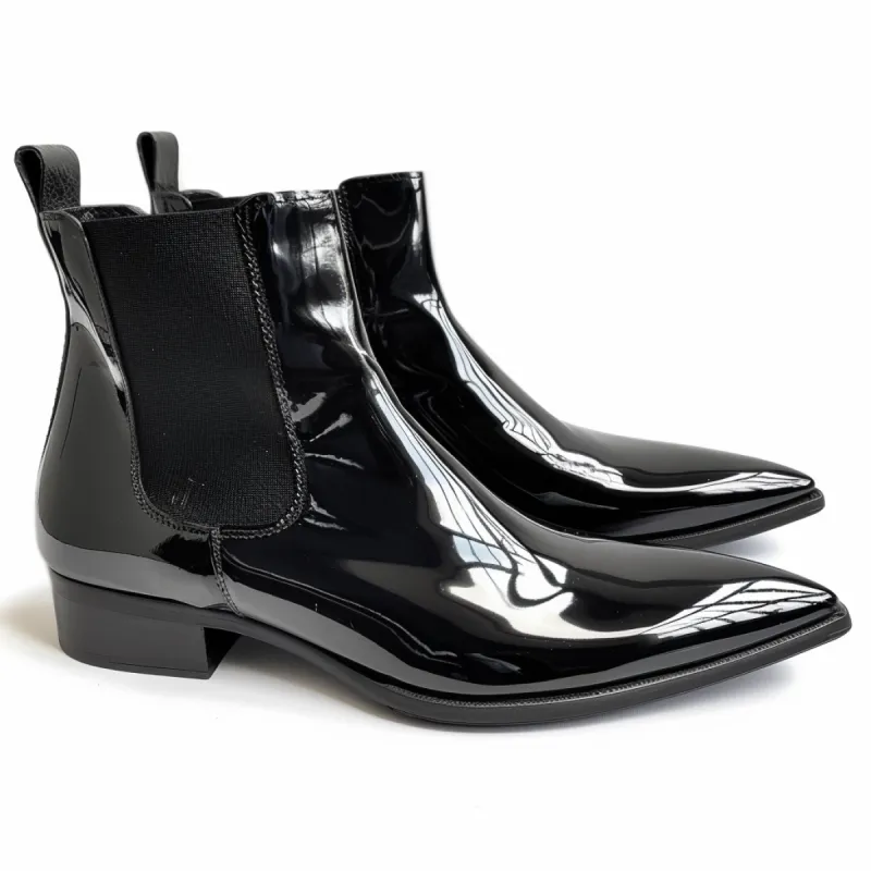 Black Patent Leather Aloisio Slip On Pointed Chelsea Boots sold by Costoso Italiano