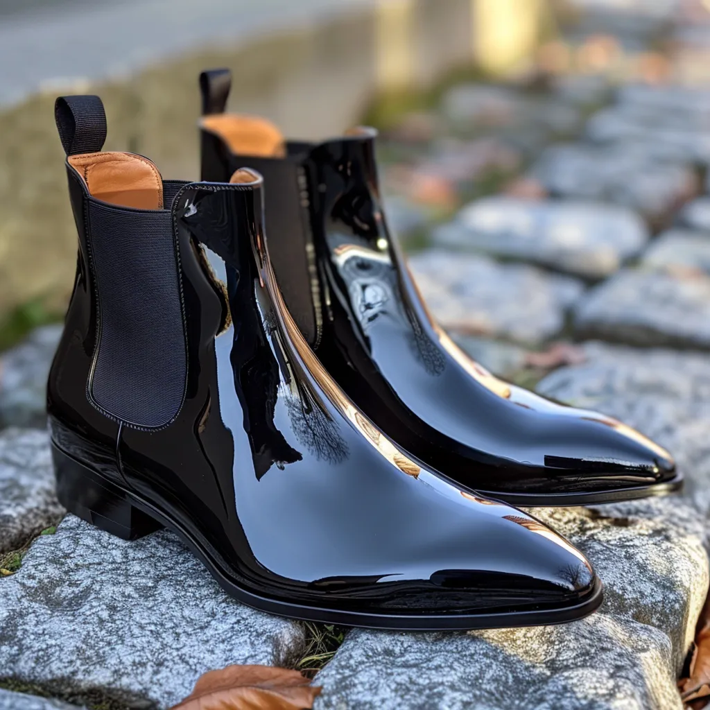 Black Patent Leather Adelchi Slip On Pointed Chelsea Boots for Men sold by Costoso Italiano