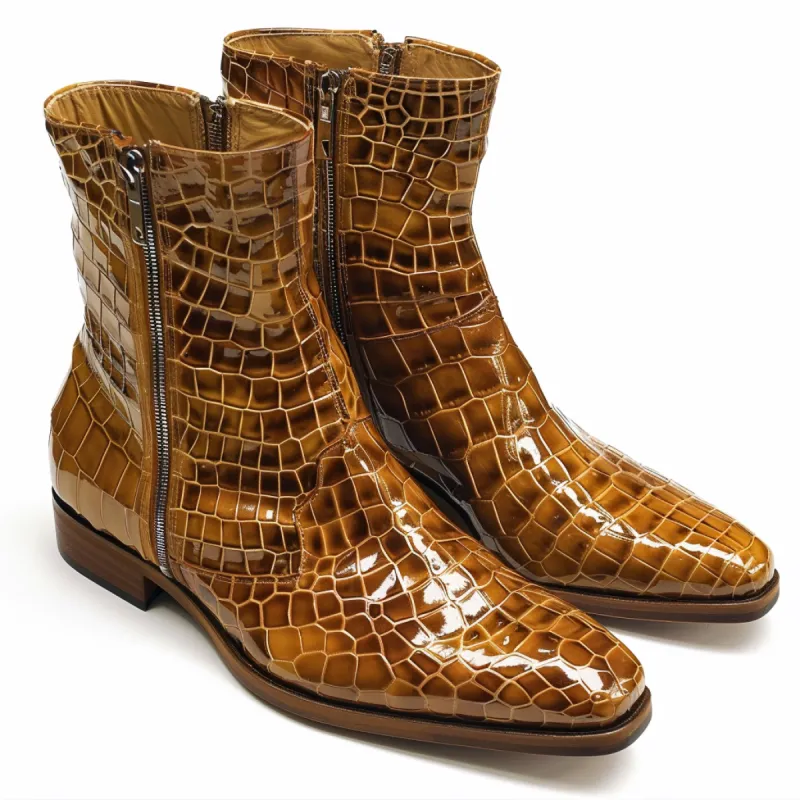 Tan Croc Print Leather Romolo Slip On Zipper Boots sold by Costoso Italiano