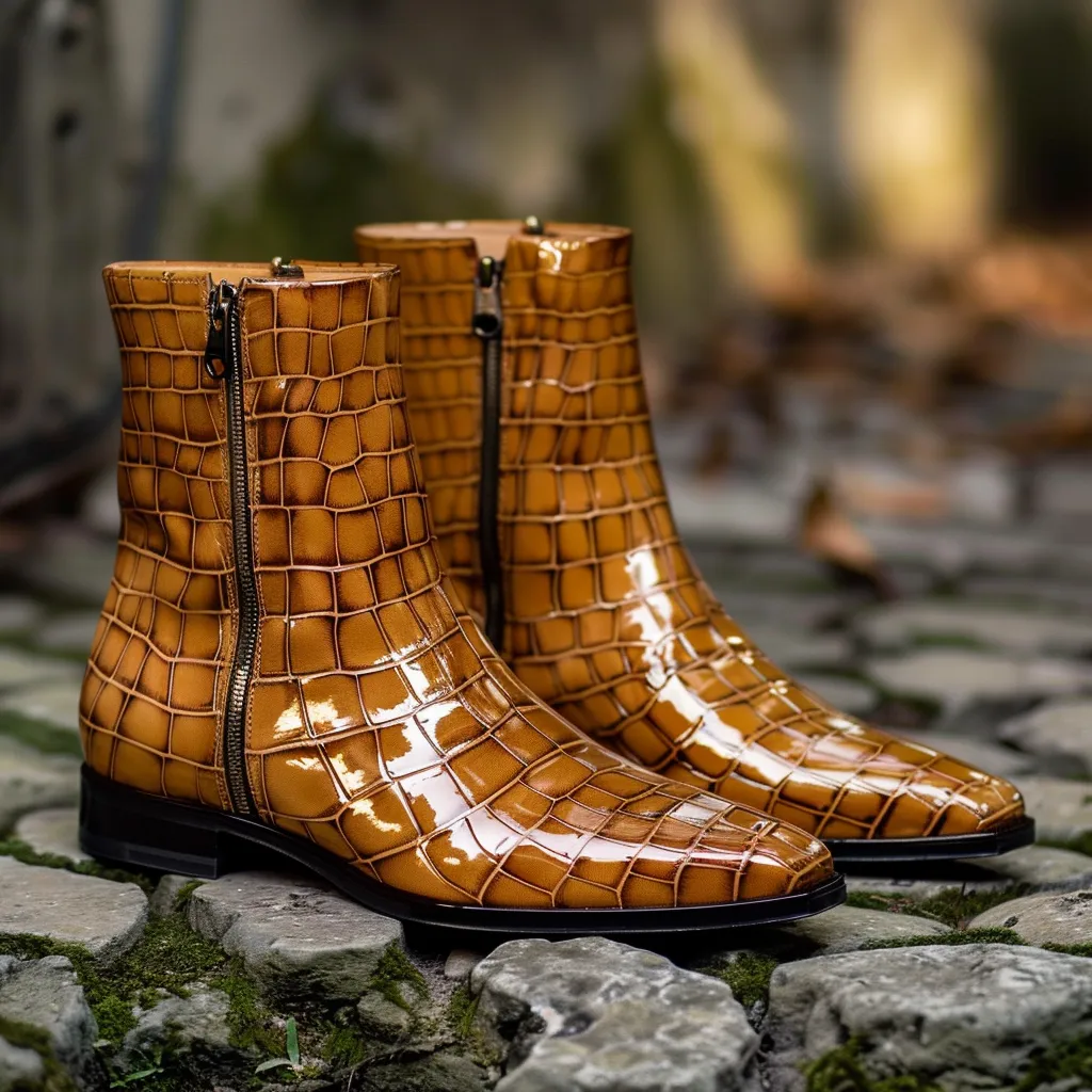 Tan Croc Print Leather Romolo Slip On Zipper Boots sold by Costoso Italiano