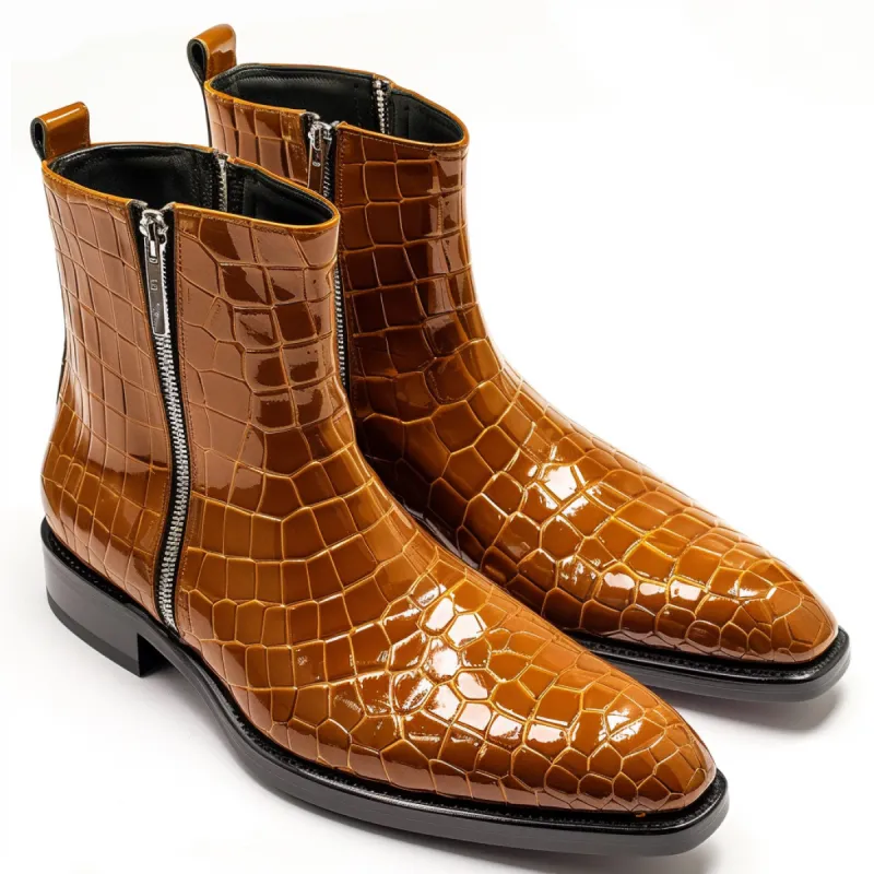 Tan Croc Print Leather Rodolfo Slip On Zipper Boots sold by Costoso Italiano
