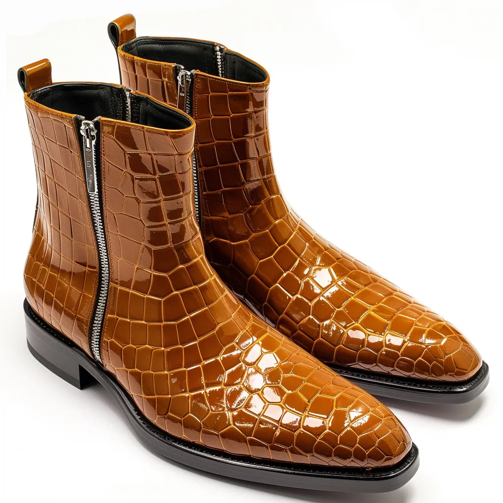 Tan Croc Print Leather Rodolfo Slip On Zipper Boots sold by Costoso Italiano