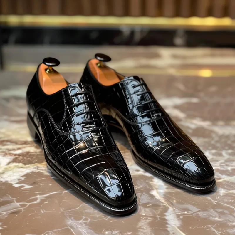 Isidoro Black Leather Croc Print Oxford sold by Costoso Italiano