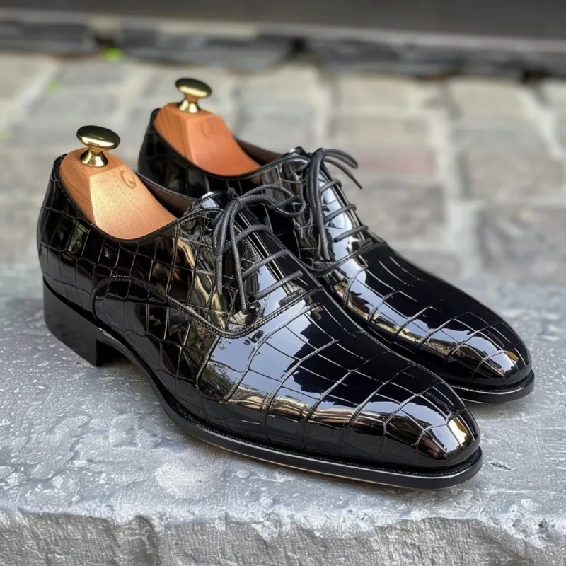 Ippazio Black Leather Croc Print Oxford sold by Costoso Italiano