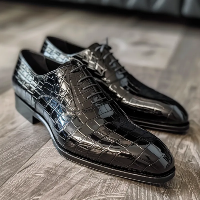 Ilvo Black Leather Croc Print Oxford sold by Costoso Italiano