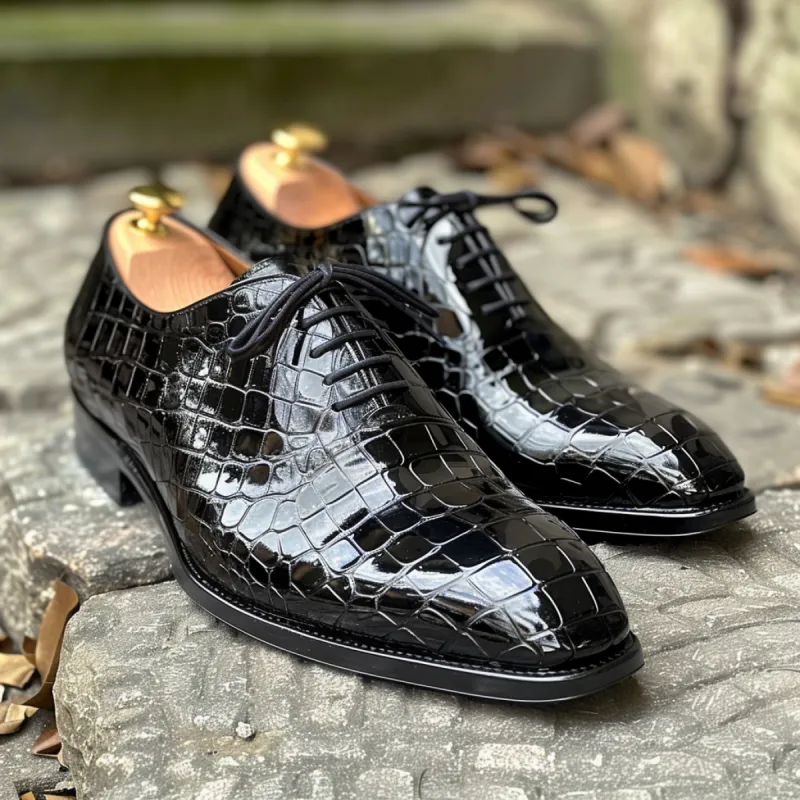 Ignazio Black Leather Croc Print Oxford sold by Costoso Italiano