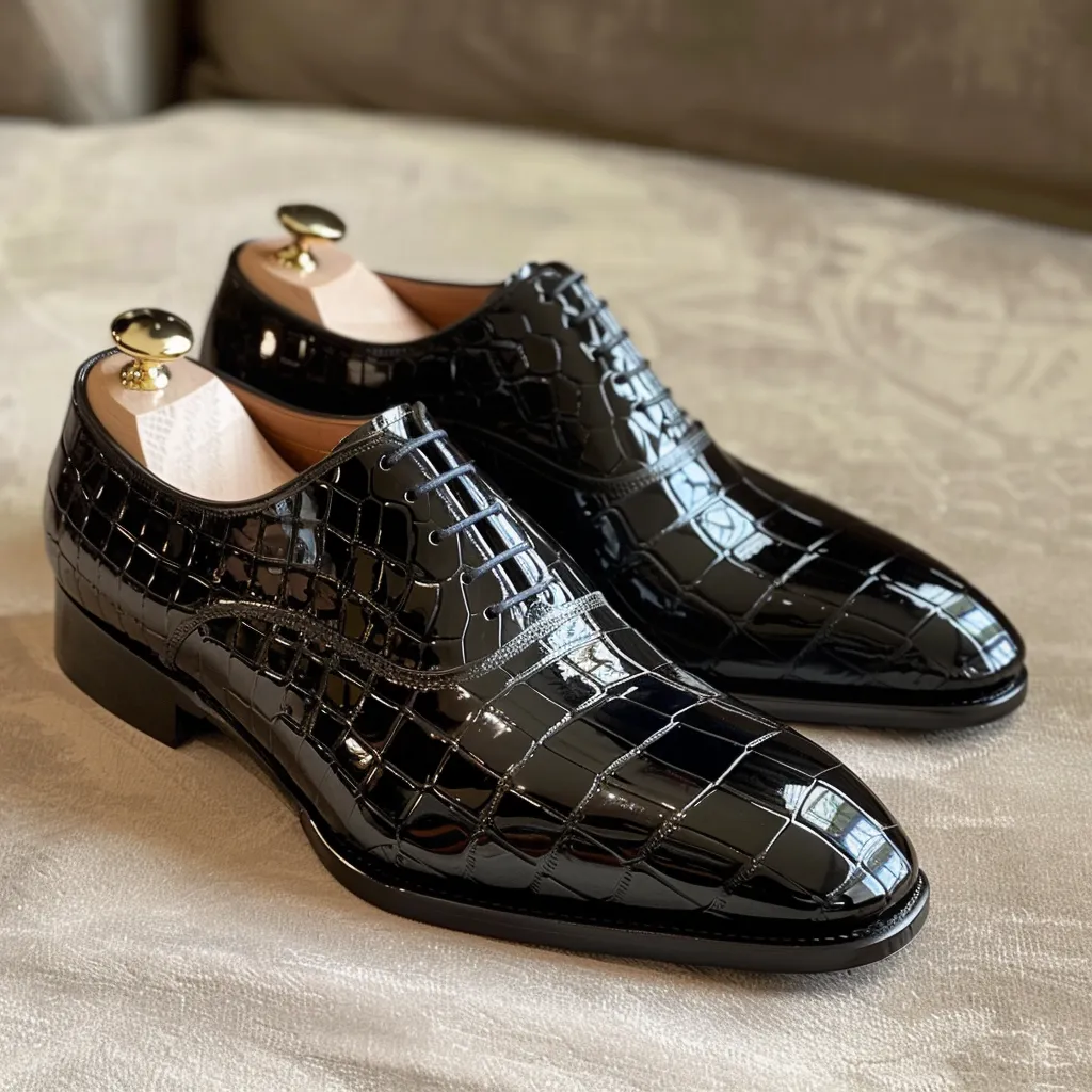 Giuliano Black Leather Croc Print Oxford sold by Costoso Italiano