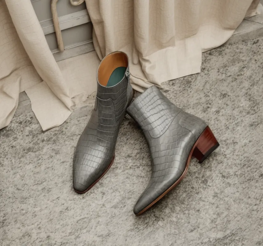 Grey Croc Print Leather Lazzer Slip On Zipper Pointed Boots sold by Costoso Italiano