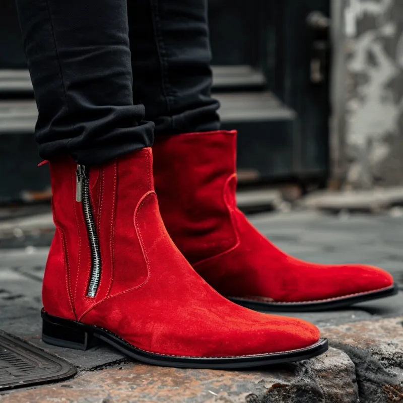 Red Suede Leather Salvatore Slip-on Zipper Boot sold by Costoso Italiano