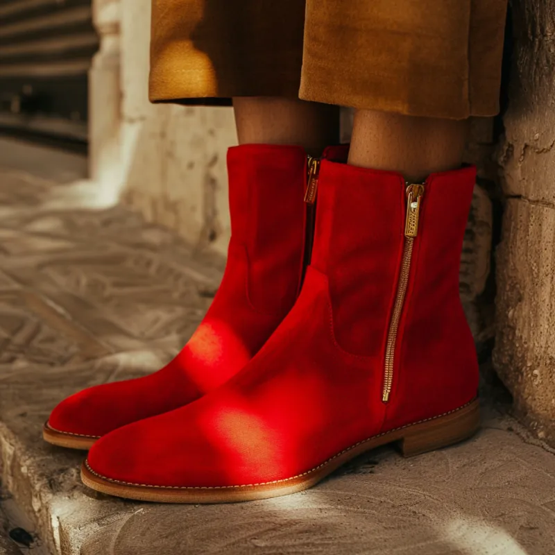 Red Suede Leather Romolo Slip-on Zipper Boot sold by Costoso Italiano