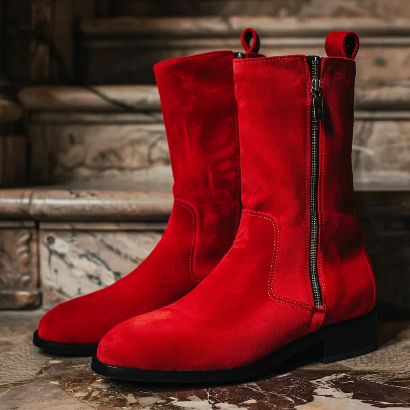 Red Suede Leather Rodolfo Slip-on Zipper Boot sold by Costoso Italiano