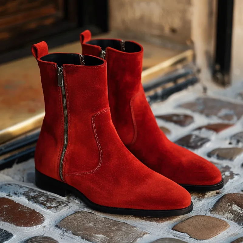 Red Suede Leather Rinaldo Slip-on Zipper Boot sold by Costoso Italiano
