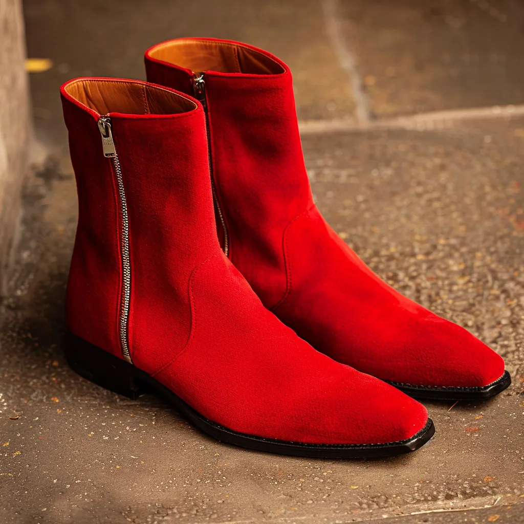 Red Suede Leather Riccardo Slip-on Zipper Boot sold by Costoso Italiano