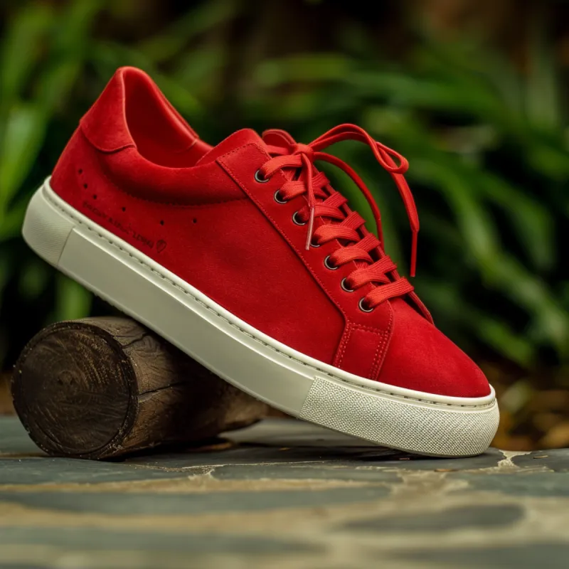 Red Suede Leather Raimondo Lace-Up With White Sole Sneakers sold by Costoso Italiano