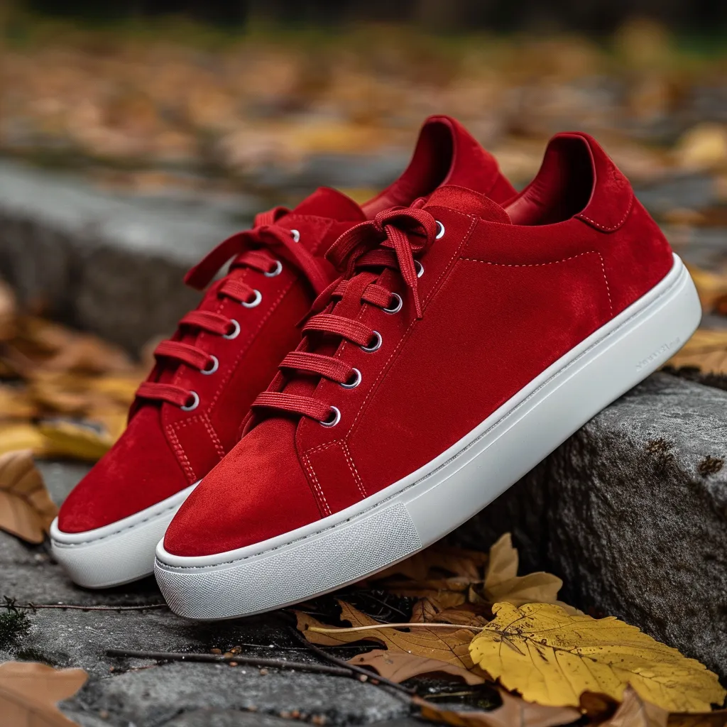 Red Suede Leather Raffaele Lace-Up With White Sole Sneakers sold by Costoso Italiano