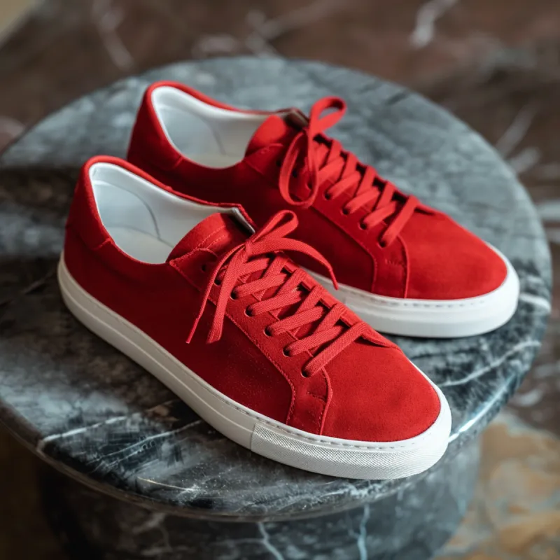 Red Suede Leather Quirino Lace-Up With White Sole Sneakers sold by Costoso Italiano