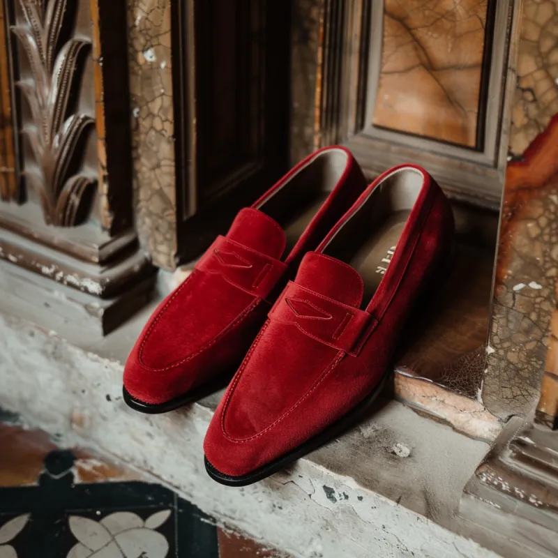 Red Suede Leather Palmiro Slip-On Loafer Shoe sold by Costoso Italiano