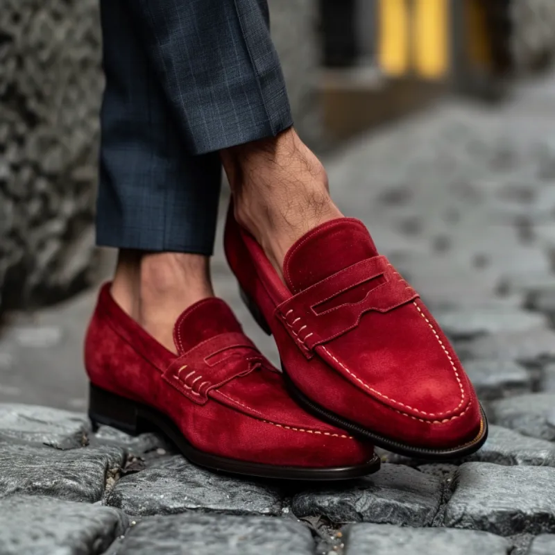 Red Suede Leather Osvaldo Slip-On Loafer Shoe sold by Costoso Italiano