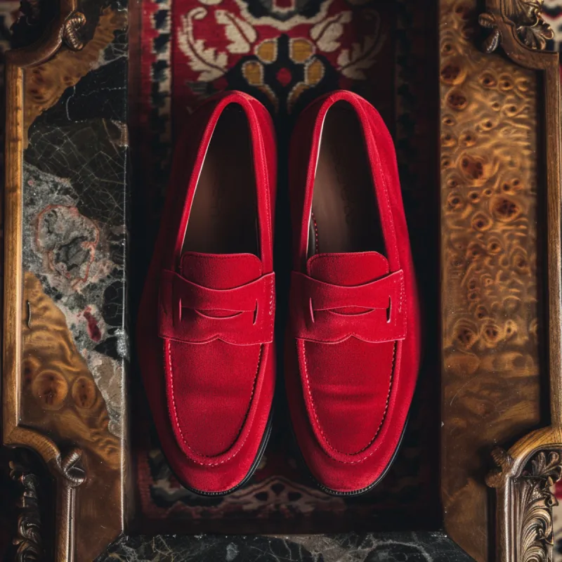 Red Suede Leather Olindo Slip-On Loafer Shoe sold by Costoso Italiano