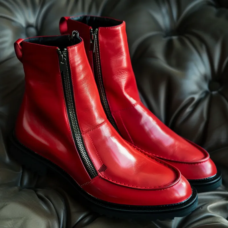 Red Leather Norberto Slip-On Zipper Boot sold by Costoso Italiano