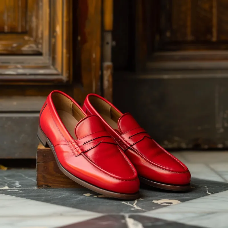 Red Leather Leandro Slip On Loafer Shoes sold by Costoso Italiano