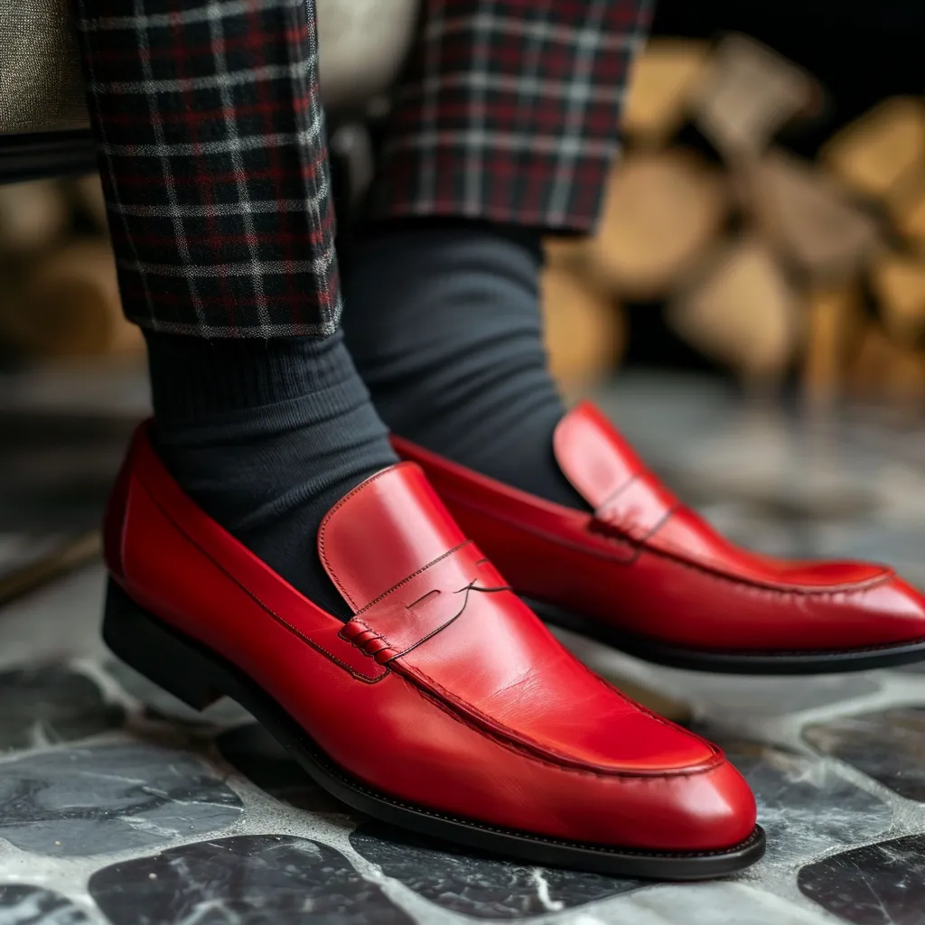 Red Leather Lazzaro Slip On Loafer Shoes sold by Costoso Italiano