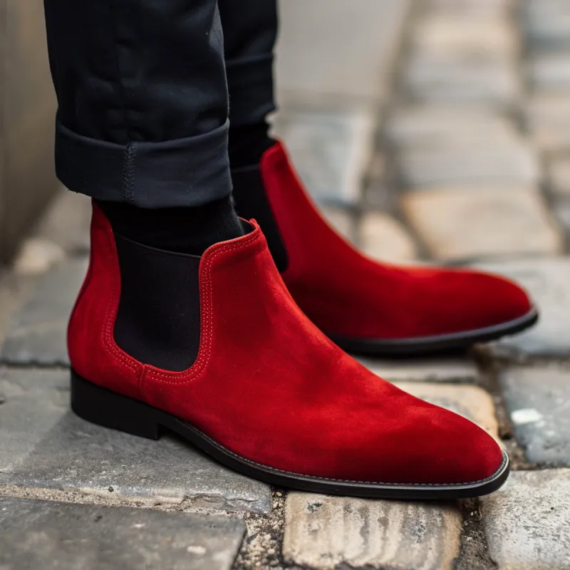 Red Suede Leather Ivano Slip On Chelsea Boot sold by Costoso Italiano