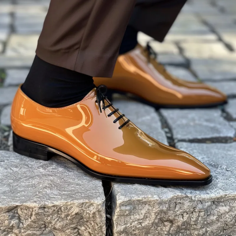 Tan Patent Leather Ermete Lace-Up Pointed Oxford Shoes sold by Costoso Italiano