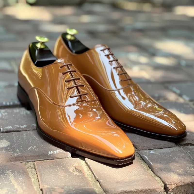 Tan Patent Leather Erminio Lace-Up Pointed Oxford Shoes sold by Costoso Italiano