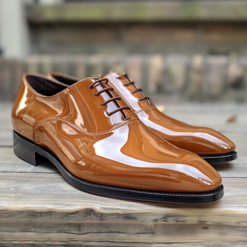 Tan Patent Leather Eriberto Lace-Up Pointed Oxford Shoes sold by Costoso Italiano