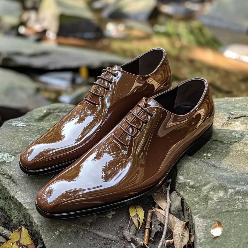 Brown Patent Leather Ercilio Lace-Up Pointed Oxford Shoes sold by Costoso Italiano