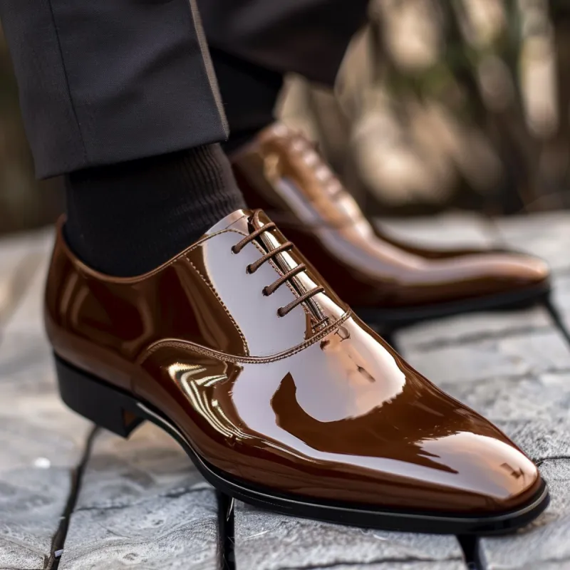 Brown Patent Leather Epifanio Lace-Up Pointed Oxford Shoes sold by Costoso Italiano